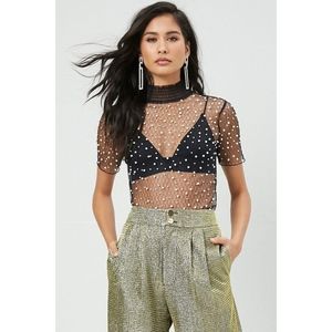 black sheer top with pearls